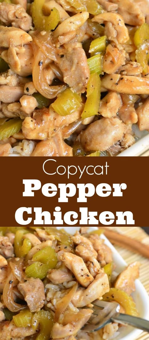 Copycat Pepper Chicken and Rice recipe. Once you try this homemade version of Panda Express Pepper Chicken, you'll never go back to take-out. Juicy, tender chicken thigh meat is sauteed with onions and celery and cooked in black pepper soy sauce. Easy and delicious 30-minutes dinner. #chicken #chickenthighs #rice #chickenandrice #easydinner Celery And Chicken Recipes, Panda Black Pepper Chicken Recipe, Chicken Celery Onion Recipes, Dishes With Celery, Chicken Onion Pepper Recipe, Peper Chicken Recipes, Chinese Pepper Chicken Recipe, Dinner With Celery, Dinner Recipes With Celery