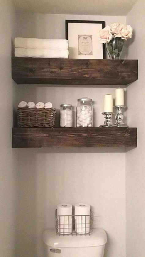 Rustic Bathroom Wall Decor, Above Toilet, Shelves Above Toilet, Farmhouse Bathroom Decor Ideas, Bathroom Organization Diy, Farmhouse Shelves, Modern Farmhouse Bathroom, Rustic Home Design, Rustic Bathrooms