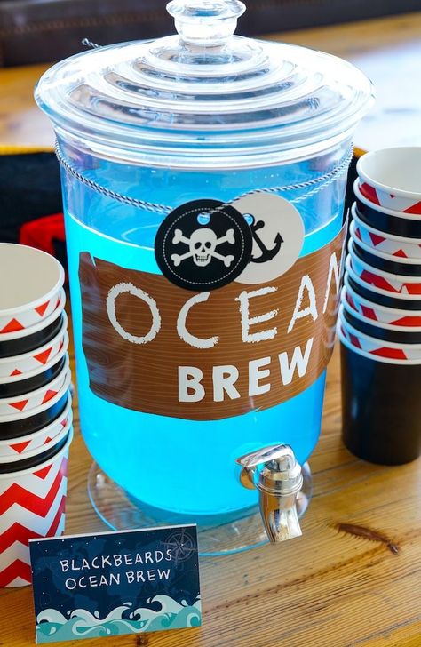 Ocean Brew from a Classic Pirate Birthday Party on Kara's Party Ideas | KarasPartyIdeas.com (11) Jake Pirate Birthday Party Ideas, Pirate Pool Party Ideas, Pirates Life For Three Birthday, Food For Pirate Party, Pirate Themed 4th Birthday Party, Pirate Theme Food Ideas, First Birthday Pirate Theme, Pirate Breakfast Ideas, Pirate Food Party