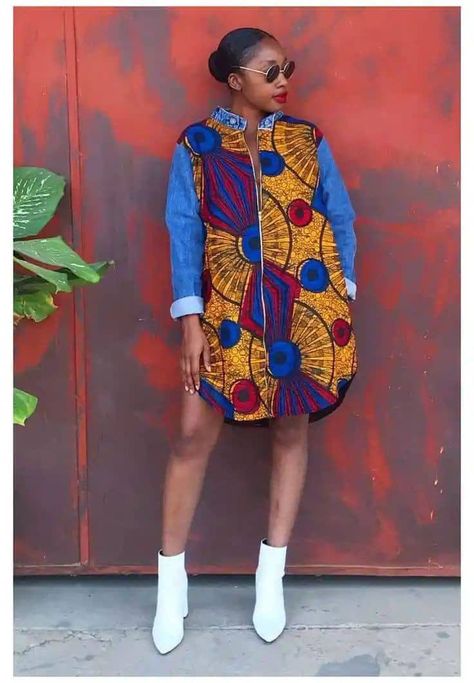 30 Mind-blowing Ankara and Plain Material Combination Styles for You Ankara Short Flare Gowns, Ankara Shirt Dress, Denim Sleeves, Combination Fashion, Short African Dresses, African Fashion Skirts, Ankara Gown, Ankara Gown Styles, African Wear Dresses