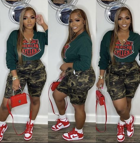 Plus Size Nba Game Outfit, Plus Size Game Day Outfit Football, Camouflage Shorts Outfit Women, First Date Outfit Casual Plus Size, Spring Concert Outfit Ideas Black Women, Camo Shorts Outfit Black Women, Plus Size Game Day Outfit, Spring Plus Size Outfits 2024, Football Game Outfit Black Women