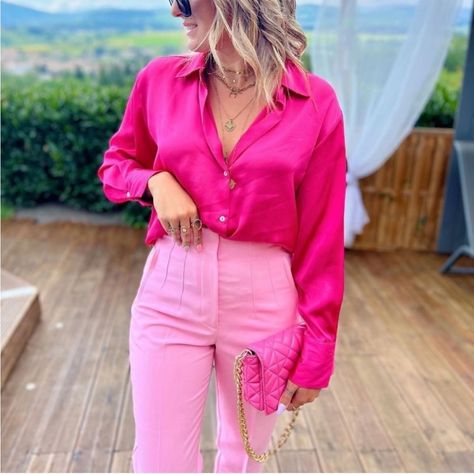 New With Tags So Trendy Fits Oversized Bright Business Outfits, Colors That Go With Hot Pink Clothes, Pink Outfits For Work, Bright Professional Outfit, Preppy Summer Outfits Casual, Feminine Business Attire, Pink Professional Outfit, Pink Satin Top Outfit, Pink Satin Shirt Outfit