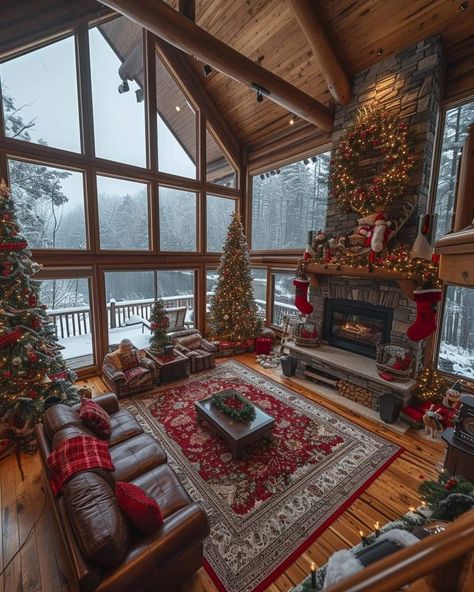 Log Cabin Living Room, Log Houses, Christmas Cabin, Log Cabin Living, Log Cabin Interior, Cabin Living Room, Cabin Aesthetic, Cabin Exterior, Cabin Christmas