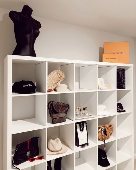 This Cube shelf organizer is the perfect display for handbags, shoes, jewelry, perfume, books, +more! Will look great in any Office, beauty room, or closet room. http://liketk.it/2Qo18 #liketkit @liketoknow.it #LTKhome #LTKstyletip Shoes And Handbags Closet, Shoe And Purse Shelves, Handbag Cube Storage, Cube Organizer For Shoes, Cubic Organizer Ideas Bedroom, Handbag Shelf Display, Bag Shelf Display Bedroom, Perfume Shelf Ideas Bedroom, Perfume Organization Shelf