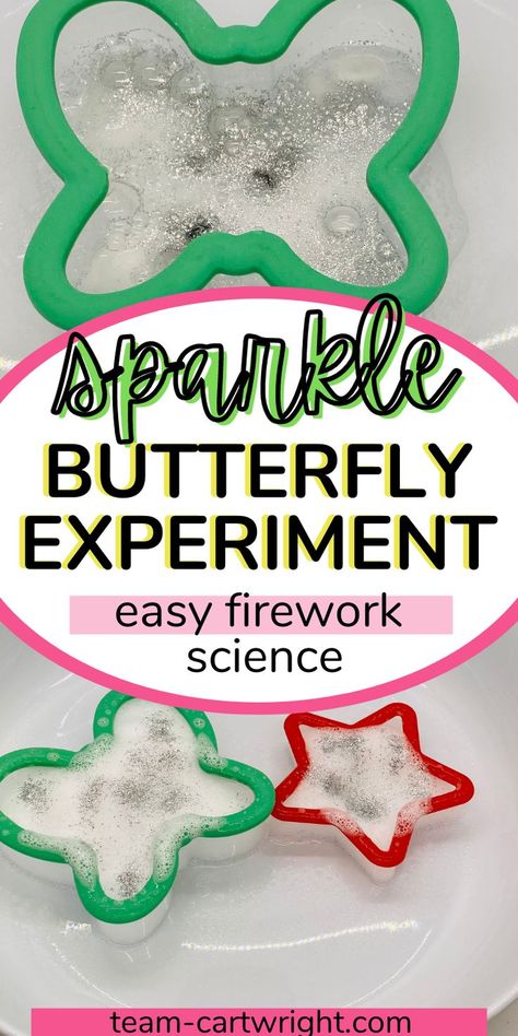 Text: Sparkle Butterfly Experiment Easy Firework Science. Top Picture: sparkly bubble chemical reaction in a light green butterfly cookie cutter. Bottom Picture: Baking soda and vinegar reaction with glitter in a green butterfly cookie cutter and red star cookie cutter for fireworks experiment. Butterfly Experiment Preschool, Flower Science Experiment Preschool, Butterfly Science Activities Preschool, Butterfly Science Experiment, Butterfly Games Preschool, Caterpillar Stem Activities, Caterpillar Science Activities, Caterpillar Science Preschool, Butterfly Stem Activities For Preschool