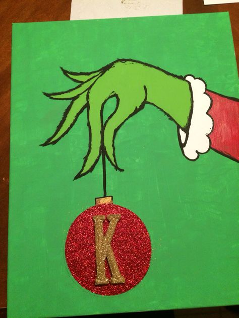 Grinch Painting On Canvas Easy, Easy Grinch Painting, Grinch Painting Ideas, The Grinch Painting, Grinch Painting On Canvas, Grinch Canvas Painting, Grinch Paintings, Whobilation Party, Grinch Canvas