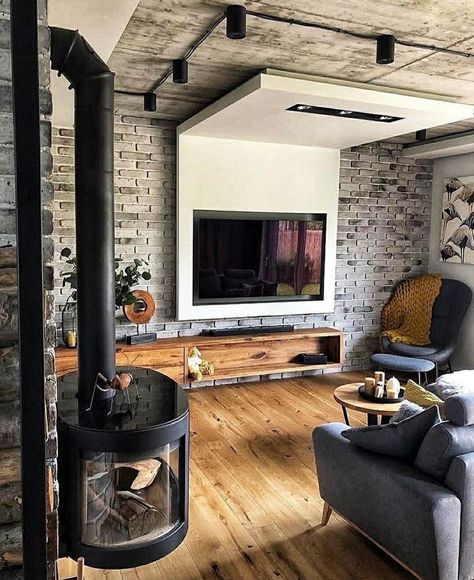 Decor Salon, Industrial Living, Flat Ideas, Wall Units, Loft House, Style Loft, Dark Interiors, Modern Tv, Loft Style