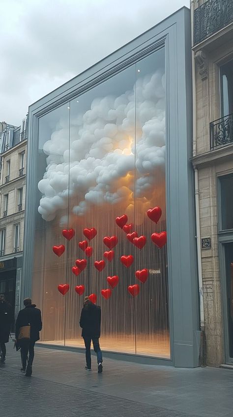 Cloud Window Display, Valentines Shop Window Display, Shop Window Displays Ideas, Valentine Window Display Ideas, Paris Valentines Day, Valentines Day Display, Best Christmas Destinations, Valentines Window Display, Exterior Facade