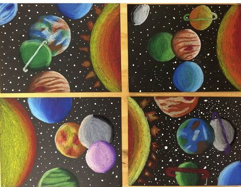 Solar system 5th grade oil pastel on black paper 3rd Grade Oil Pastel Art, Space Art Projects For Kids, Space Art Projects, Painting Oil Pastel, Outer Space Art, Solar System Art, Ideas For Painting, 4th Grade Art, 5th Grade Art