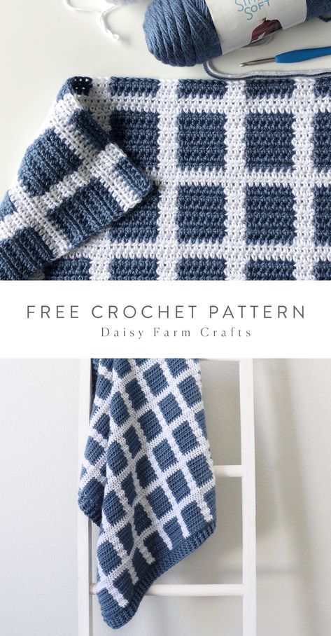 C2c Gingham Crochet Pattern Free, Window Pane Crochet Blanket, Check Crochet Blanket, Windowpane Crochet Pattern, Crochet Gingham Blanket, Gingham Blanket, Daisy Farm, Easy Knitting Projects, Haken Baby