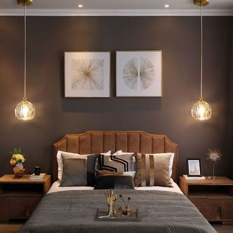 Bedroom lighting Ideas to Enhance your Bedroom Interiors Gold Pendant Lamp, Pendulum Lights, Bedroom Pendant, Pendant Lighting Bedroom, Dining Room Ceiling, Gold Pendant Lighting, Crystal Pendant Lighting, Pendant Ceiling Lamp, Bedside Lighting