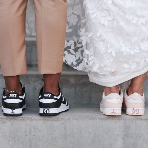 Wedding Dresses Sneakers, Groom Wearing Sneakers, Engagement Photos Jordan Shoes, Sneakers At Wedding, Bride And Groom Nike Shoes, Matching Wedding Sneakers Bride And Groom, Matching Wedding Shoes Bride And Groom Nike, Groom In Sneakers, Wedding Matching Sneakers