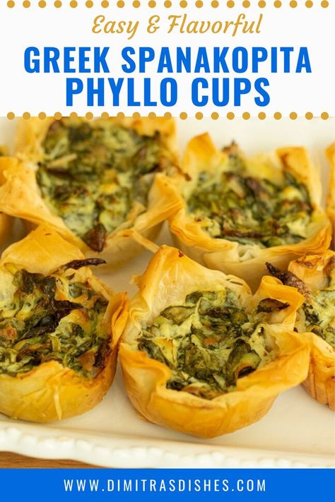 Spanakopita Cups, Dimitras Dishes, Greek Appetizers, Comfort Pasta, Phyllo Cups, Healty Dinner, Greek Flavors, Roasted Brussel, Fresh Spinach