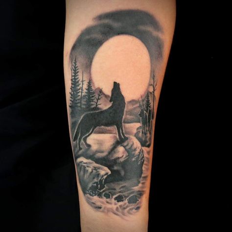 Naturescape Tattoo, Howling At The Moon Tattoo, Wolf Howling Tattoo, Wolf And Moon Tattoo, Howling Wolf Tattoo, The Moon Tattoo, Wolf Howling At The Moon, Tattoo Moon, Moon Wolf