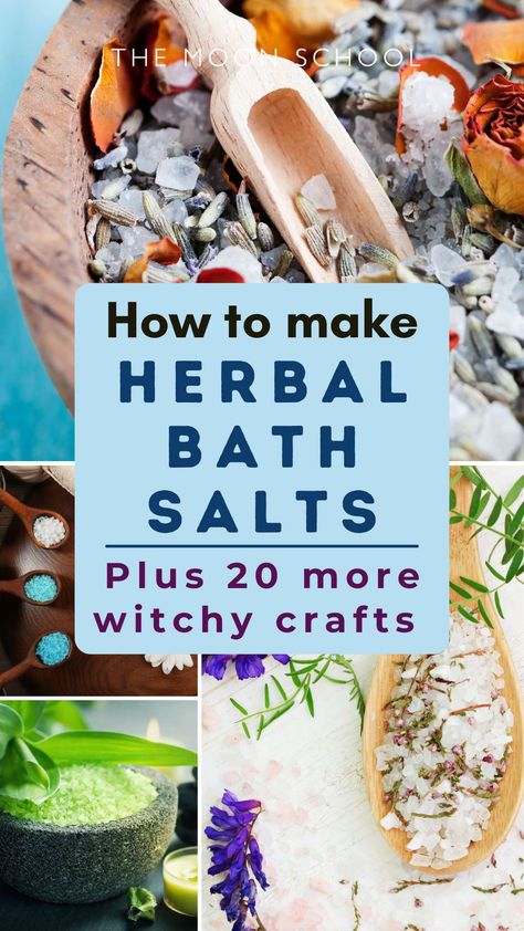 20 Witchy Winter Crafts to Make, Sell & Gift for a Magickal Yule! Holistic Homemade Gifts, Making Bath Salts With Essential Oils, Witch Bath Salts Recipe, Homemade Holistic Gifts, Salt Gifts Ideas, Herbal Bath Salts Recipe, Diy Witch Gifts Ideas, Herb Crafts To Sell, Winter Bath Salts