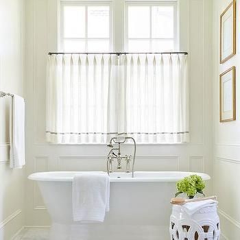 Bathtub Nook with Decorative Wall Moldings Short Kitchen, Iron Curtain Rods, Cafe Curtain Rods, Cafe Curtain, Hm Home, Modern Cafe, White Drapes, Tier Curtains, Short Curtains