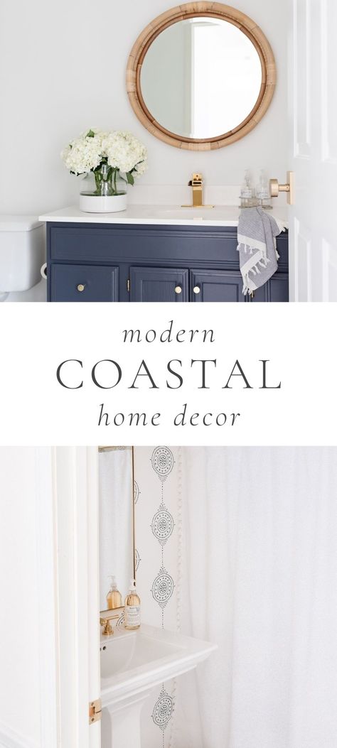 Master Bedrooms Decor Modern Coastal, Sophisticated Coastal Bedroom, Modern Coastal Half Bath, Coastal Chic Bathroom Ideas, Modern Coastal Guest Bathroom, Modern Coastal Powder Room Ideas, Coastal Neutral Decor, Modern Coastal Master Bath, Classy Coastal Decor