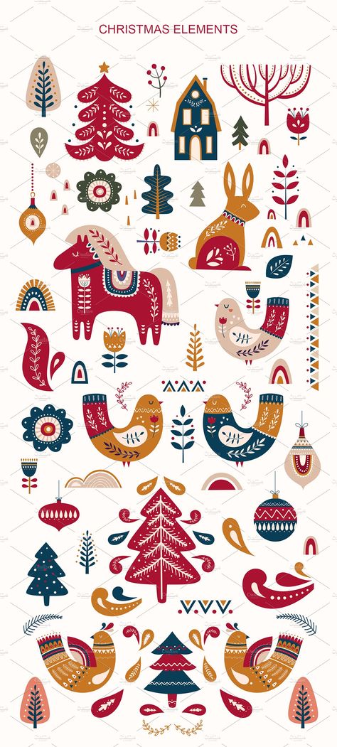 Scandinavian Christmas collection by MoleskoStudio on @creativemarket #christmas #winter #scandinavian #ad Scandinavian Christmas Illustration Folk Art, Scandinavian Christmas Folk Art, Scandinavian Christmas Wrapping, Winter Graphic Design Illustration, Scandinavian Christmas Embroidery, Creative Christmas Poster Graphic Design, Scandi Christmas Illustration, Scandinavian Christmas Design, Cute Christmas Illustration Art