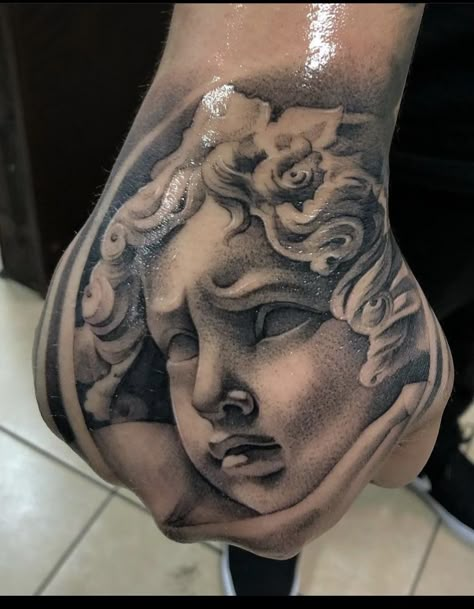 Stone Statue Tattoo, Angle Hand Tattoo, Angel Head Tattoo, Angel Portrait Tattoo, Angel Face Tattoo, Angel Statue Tattoo, Angel Hand Tattoo, Hand Tattoos Pictures, Butterfly Tattoo On Shoulder