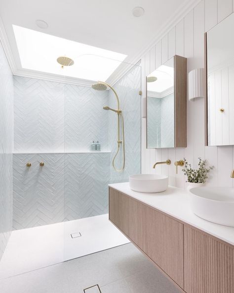 Shop Tile Designs on Instagram | TileCloud Herringbone Tile Bathroom, New House Bathroom, Bathroom Ensuite, Small Bathroom Renovations, White Terrazzo, Bathroom Redesign, Blue Tile, Room Renovation, Bathroom Wall Tile