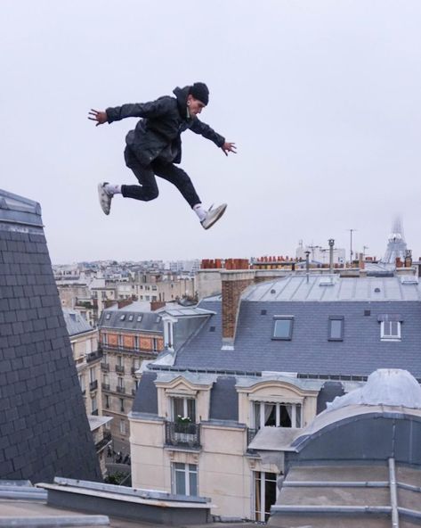 The Art & Origins of Running Across Paris Rooftops Running Jump Pose Reference, Person Jumping Reference, Person Running Reference, Poses Jumping, Running Reference, Person Jumping, Jumping Poses, Running Pose, Running Art