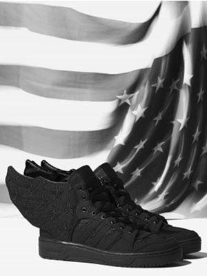 Jeremy Scott x Adidas Just Got An A$AP Rocky Twist -- drool Asap Rocky Shoes, Jeremy Scott Adidas, Wings Black, Short Leather Jacket, Adidas High, Fresh Sneakers, Asap Rocky, Black Wings, Black Flag