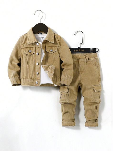 SHEIN Baby Boys' 2pcs/Set Casual Long Sleeve Denim Jacket And Cargo Pocket Khaki Jeans Set,For Outdoor Wear OutfitI discovered amazing products on SHEIN.com, come check them out! Boys Jean Jacket, Boys Denim Jacket, Baby Boy Jeans, Denim Jacket And Jeans, Cargo Outfit, Jean Jacket Outfits, Denim Jacket Outfit, Long Sleeve Denim Jacket, Khaki Jeans