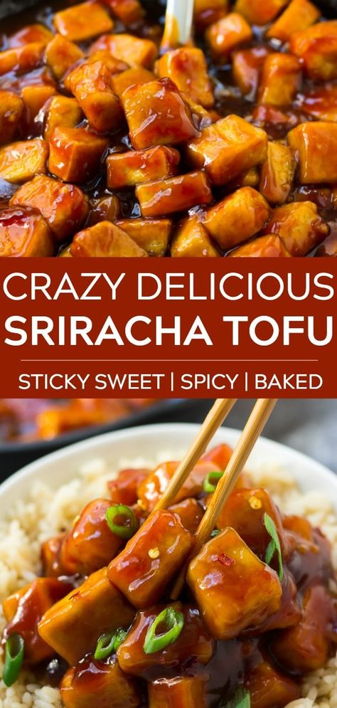 Sticky Sriracha Tofu: Perfectly sticky sweet and spicy! The tofu is baked to crispy perfection with my easy method. #vegan #plantbased #tofu Spicy Tofu Stir Fry, Sweet And Spicy Tofu, Baking Tofu, Sriracha Tofu, Nora Cooks, Tofu Recipes Vegan, Keto Vegan, Fry Sauce, Crispy Tofu