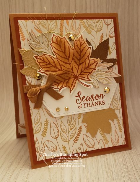 Stampin' Up! Gather Together Bundle, Gilded Autumn Specialty DSP, Stitched Nested Labels dies, and Brushed Metallic Cardstock #GatherTogether #GildedAutumn Diy Thanksgiving Cards, Fall Cards Handmade, Thanksgiving Cards Handmade, Fall Greeting Cards, Dandelion Wishes, Autumn Cards, Handcrafted Cards, Pumpkin Cards, Leaf Cards