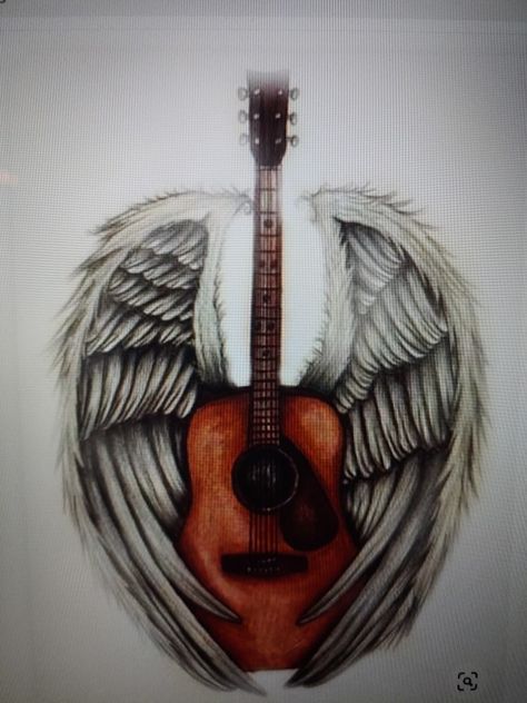 Guitar Angel Wings Tattoo, Eagle Wing Tattoos, Rhino Tattoo, Acoustic Guitar Tattoo, Guitar Tattoo Design, Wing Tattoo Men, Angel Wings Painting, Wrap Around Tattoo, Country Tattoos