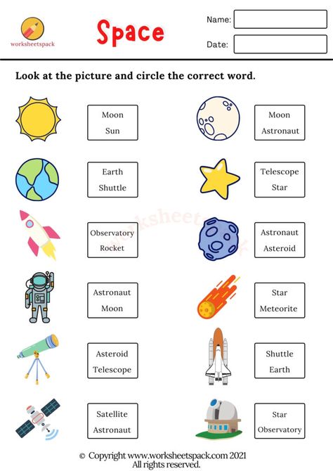 Space Worksheets For Preschool, Space Worksheets For Kids, Space Worksheets, Theme Worksheet, Space Vocabulary, Space Lessons, Esl Teaching Resources, English Activities For Kids, Preschool Activities Toddler