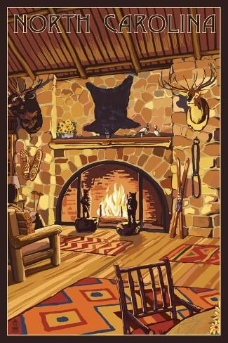 size: 18x12in Art Print: North Carolina - Lodge Interior by Lantern Press : Wisconsin Travel, Park In New York, Bear Mountain, Wall Art For Sale, Vintage Travel Posters, Interior Art, State Park, Travel Art, High Quality Art Prints