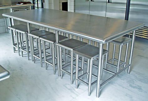 Table and stools Restaurant Appliances, Steel Kitchen Table, Stainless Steel Kitchen Table, Industrial Decor Kitchen, Commercial Kitchen Design, Stainless Steel Backsplash, Stainless Steel Furniture, Industrial Kitchen Design, Stainless Steel Counters