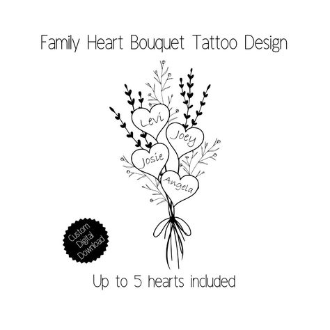 Heart Bouquet Tattoo, Heart With Birth Flowers Tattoo, Birth Flower Heart Tattoo, Bouquet Tattoo With Names, Flower Bouquet Tattoo Drawn By Family, Family Boquet Tattoos, Grandparents Tattoo, Flower Bouquet Tattoo, October Birth Flowers