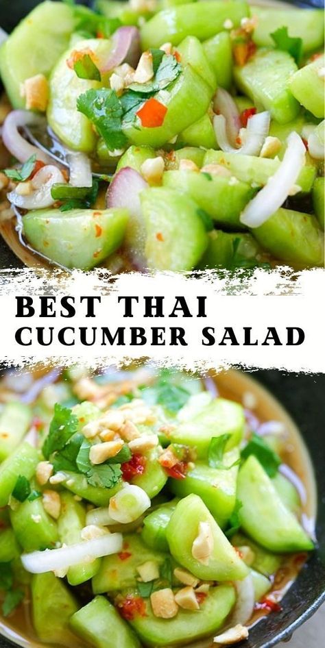 Cucumber salad is a staple side dish that goes well with any dinner that you can make. Thai Cucumber, Thai Cucumber Salad, Asian Salads, Gourmet Salad, Salad Summer, Rasa Malaysia, Cucumber Recipes Salad, Cucumber Recipes, Salad Recipes For Dinner