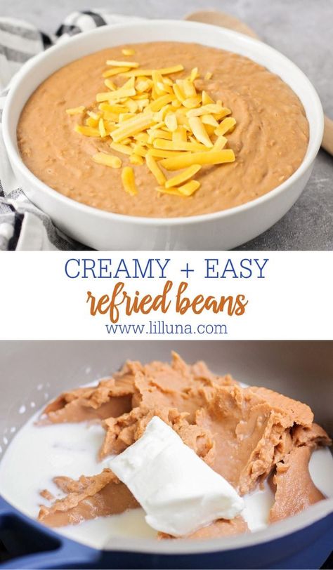 Get perfectly creamy restaurant-style beans by adding just THREE extra ingredients to your Canned Refried Beans! #refriedbeans #beans #beansrecipe #mexicanrecipes #sidedish Mexican Refried Beans Recipe Authentic, Canned Refried Beans Doctored Up, Canned Refried Beans Improve, Taco Bell Refried Beans Recipe, Refried Beans Recipe Canned, Can Refried Beans Recipe, Restaurant Style Refried Beans, Canned Refried Beans, Texmex Recipes