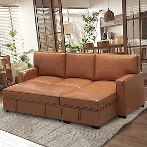 EBELLO Convertible Sleeper Sofa 3 in 1, Faux Leather Modern L-Shaped Couches for Living Room, Pull Out Sectional Futon Sofa Bed with Storage Space, USB Ports and Cup Holders for Bedroom, Brown Faux Leather Sectional, Couches For Living Room, Sofa With Storage, Leather Chaise, Pull Out Sofa Bed, Double Sofa Bed, Pull Out Sofa, L Shaped Couch, Storage Chaise