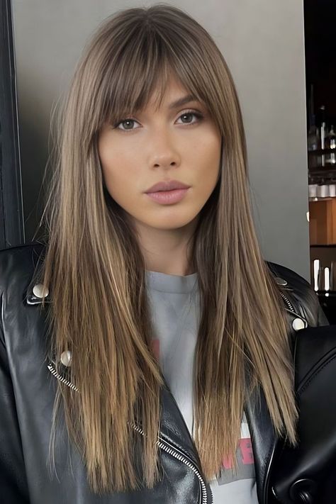 Long And Straight Jennifer Lawrence Hair Bangs, Nadia Bartel Hair, Long Haircut Oval Face, Oval Shape Face Haircut, Haïr Cut For Long Face, Oval Face With Bangs, Stepenasta Kosa, Shirt Hair With Bangs, Long Haircut Straight Hair