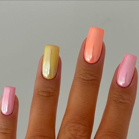 Charlotte Herberts on Instagram: "Pastel Chrome 🩷🧡💛  @glossifyofficial  @homeofnailart  @lucypastorellitools_  @thepromiseringco   #chromenails #pastelnails #pinknails #yellownails #orangenails #longnails #summernails #springnails" Orange Yellow Nails, Dip Designs, Nails 2025, Cruise Nails, Fancy Nails Designs, Pink Orange Yellow, Pastel Nails, Orange Nails, Yellow Nails