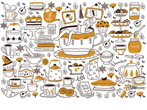 🍂 Drinking tea 🍂 by Anastasia Doroshenko on Dribbble Wall Art For Cafe, Coffee Shop Menu Board, Doodle Wall Art, Doodle Wall, Mirror Paint, Doodle Images, Coffee Cup Design, Tea Design, Stick And Poke