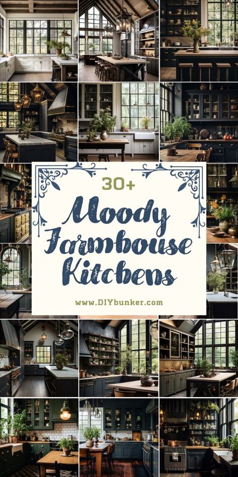 Check out these captivating moody farmhouse kitchen ideas, blending rustic charm with dark, dramatic elements for a cozy and inviting space. Discover how to infuse your kitchen with a sense of mystery and warmth through the use of deep colors and vintage accents. Moody Living Room Kitchen, Kitchen Designs With Dark Cabinets, Rustic Kitchen With Black Cabinets, Dark Feminine Kitchen, Victorian Gothic Kitchen Ideas, Black Modern Farmhouse Kitchen, Black Kitchen Cabinet Ideas, Cottage Kitchen Colors, Black Kitchen Cabinets Farmhouse