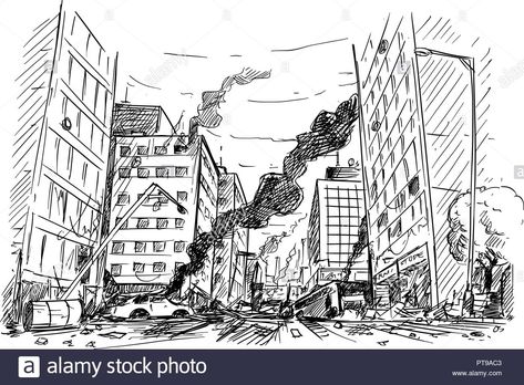 Destruction Drawing, Destroyed City, Background Sketch, Post Apocalyptic City, Broken City, Abandoned City, Perspective Drawing Architecture, Art Assignments, City Sketch