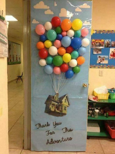 Up Movie Door Decoration, End Of The Year Classroom Doors, Back Door Decorating Ideas, Disney Teacher Door, Graduation Door Decorations Classroom, Graduation Door Ideas, Pixar Decorations Ideas, Lego Door Decorations Classroom, Graduation Classroom Door