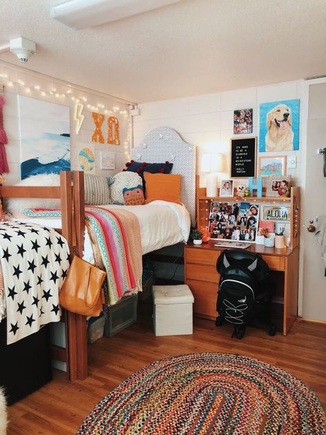 Dorm Bright Colors, University Dorm Room Decor Color Schemes, 2 Bed Dorm Room Ideas, Uncw Dorm Room, Color Schemes For Dorm Rooms, Clemson Dorm Room, Clemson Dorm Room Ideas, Colorful Dorm Room Ideas, Clemson Dorm