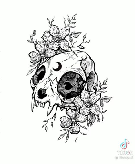 Tattoo Animal Skull, Tattoos Spooky, Tattoos Skeleton, Drawing Of A Skull, Animal Skull Drawing, Cat Skull Tattoo, Tattoo Crane, Skull Tattoo Flowers, Dog Skull