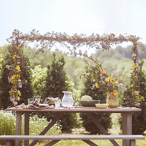 Shop the Look: A Floral Over-the-Table Rod for Garden Parties - Terrain Table Rod Decoration, Over Table Decor, Over Table Rod, Teak Table, Bhldn Weddings, Front Porches, Easter Shopping, Creative Living, Garden Parties