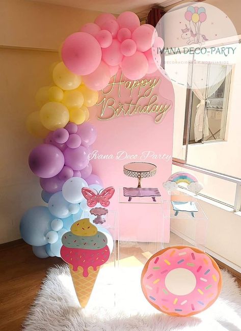 Simple Ice Cream Birthday Decor, Donut Ice Cream Party, Candy Birthday Backdrop, Ice Cream Birthday Party Theme Decorations, Ice Cream Theme Birthday Party Decoration, Donuts Party Decorations, Candy Land Birthday Theme, Pastel Candyland Birthday Party, Candyland Theme Party Decorations