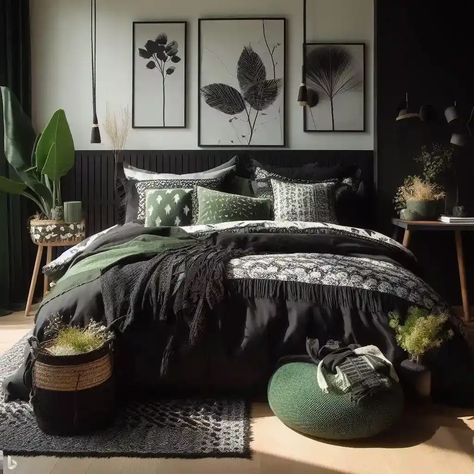 Black And Green Bedroom Ideas, Black And Green Bedroom, Grey Green Bedrooms, Monochrome Bedding, Top Bedroom Ideas, Mountain Room, Olive Green Bedrooms, Black And Grey Bedroom, Bedding Black