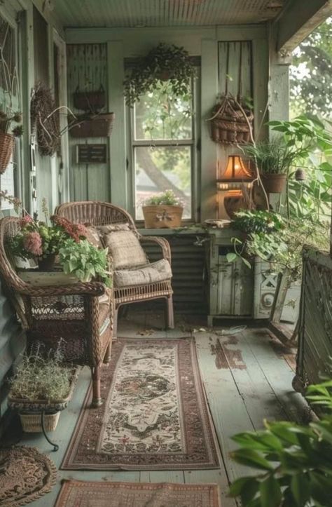 Rustic Porches, Plant Bedroom, Rustic Minimalism, Garden Shed Interiors, Vintage Decor Ideas, Shabby Chic Porch, Creek House, Porch Life, Cottage Porch