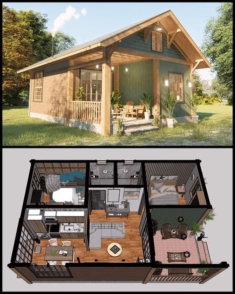 Single Story Tiny House Interior, Plan Chalet, Tiny House Village, Small House Layout, Shed Home, Tiny House Layout, Tiny House Community, Tiny House Inspiration, House Floor Design